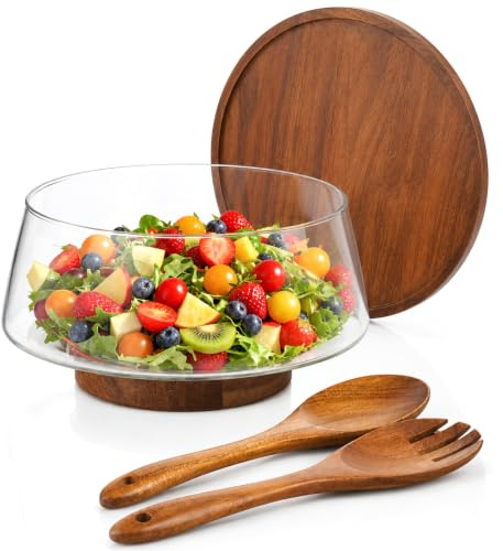 Mvellir Salatschüssel Glas Set, Groß Salatschüssel mit Salatbesteck und Deckel aus Akazienholz, Servierschüssel für Salate, Obst, Hauptgerichte und Familienessen, Partys