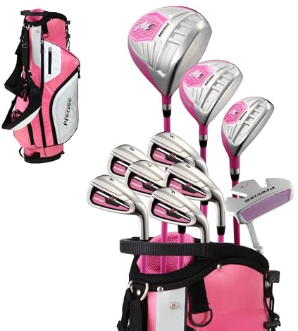 Precise M5 Womens Golf Clubs Full Set, Titanium Driver, S.S. Fairway, S.S. Hybrid, S.S. 5-PW Irons, Putter, Stand Bag, 3 H/C's, Golf Clubs Women Right Handed, Pink