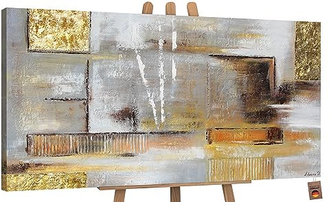 YS-Art Abstrakt Acryl Gemälde auf Leinwand goldene Abstraktion handgemalt Wandbilder Wohnzimmer modern Jugendstil Wohndekor Bilder Büro echte Kunst 100x50 cm
