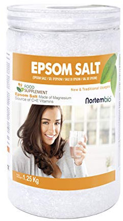 Nortembio Sal de Epsom Alimentaria 1,25 Kg. Sulfato de Magnesio Para Tomar. Fuente de Vitaminas C y E. Sal de Higuera e Inglesa Para Limpieza de Hígado. Cacito Dosificador Incluido.
