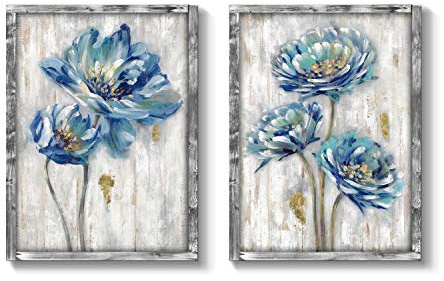 Blue Flower Wooden Artwork Framed: Bloom Wall Art Floral Painting Print for Dining Room (11''W x 16''H x 2 PCS, Multiple Sizes/Material)