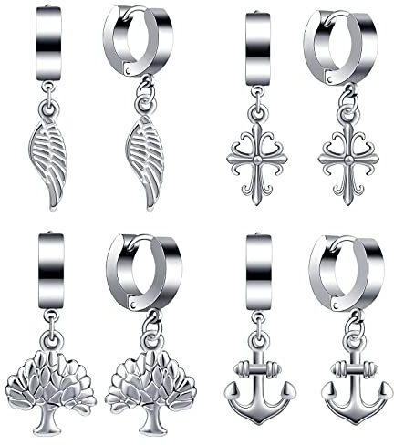 Feilok Herren Ohrringe Ohrstecker Cartilage Creolen Edelstahl Silber Anker Lebensbaum Kreuz Flügel Anhänger Creolen Ohrringe Kleine Huggie Piercing