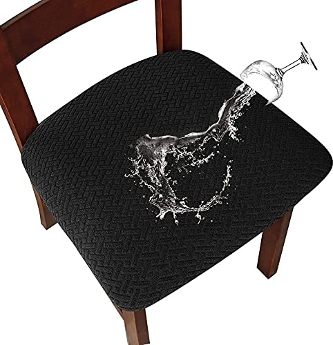 LANSHENG Waterproof Dining Chair Seat Covers Set of 4, Black | Stretch Chair Seat Covers, Removable Washable Kitchen Chair Seat Protector Slipcovers for Dining room Restaurant Hotel