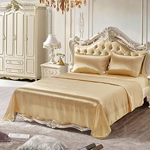 Lanqinglv Luxus Satin Spannbettlaken Bettlaken 180x200 cm bis 25-30 cm Steghöhe Boxspringbett Topper 110g/m² Glatt Seide Glanzsatin Boxspringbett Spannbetttuch Leintuch,Gold,1 Stück