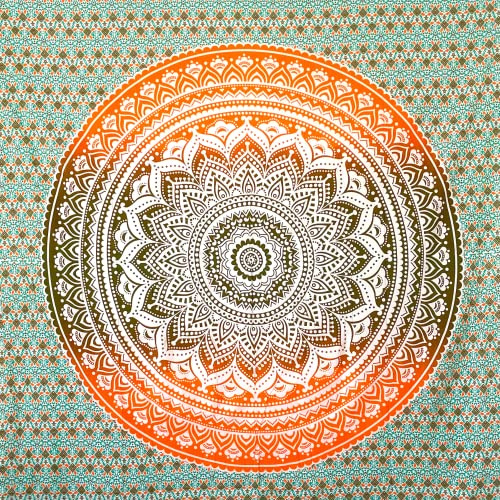 MOMOMUS Toalla de Playa Grande Antiarena - Pareo Gigante XXL con Motivo Mandala - A Modo de Fina Manta de Pícnic para la Playa o Alfombra Ligera sin Arena - Naranja y Verde, 210 x 230 cm