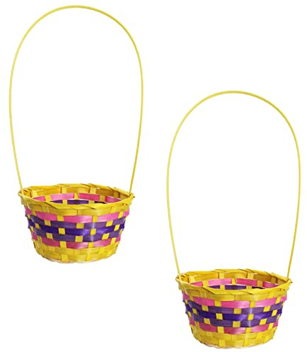 Yellow Easter Basket - Pack of 2 - Large Yellow Basket With Pink and Purple Woven Pattern - Perfect for Easter, Easter Egg Hunts, Easter Bunny Costumes and Other Fancy Dress Events