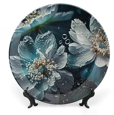 Decorative Plates, Fairytale Aqua Flower Display Plate for Home Office Kitchen Table Decor Porcelain Plates 20 CM, Thanksgiving Gifts