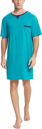 Chemise de Nuit Homme Coton Pyjama Manches Courtes Hauts de Pyjama Homme Tee-Shirt Long Col Rond avec Boutons Vêtements d'Intérieur T-Shirt Grande Taille Douce Confortable
