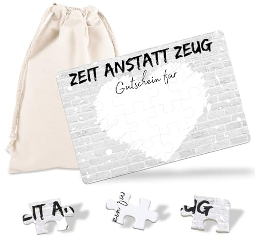 JOYEASE Zeit anstatt Zeug Gutschein Puzzle, Gutschein zum selber ausfüllen | 24-teilig Gutschein Puzzle mit Baumwoll-Säckchen, Geburtstagskarte, personalisierte Geschenke für Freundin Frauen Männer