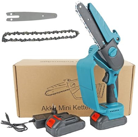 Akku kettensäge, 6 Zoll Mini kettensäge, 21V Elektrische Kettensäge, Bürstenloser Elektromotor, mit 2 x 7500 mAh Akku, Hohe Drehzahlen, Mini Elektro Säge mit Sicherheitstaste (A)