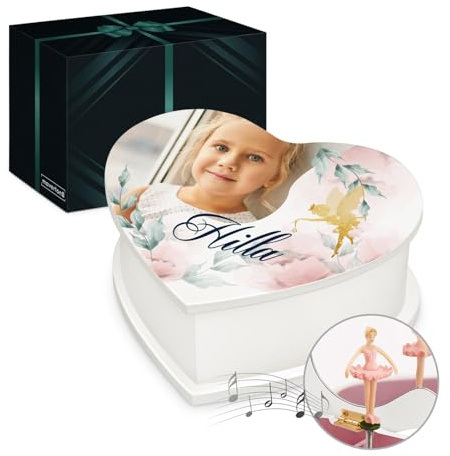 Maverton personalisierte Musikschmuckdose in Herzform mit Aufzieh-Spieluhr - Schmuckkästchen Ballerina Spieldose - Herz Schmuckkiste für Mädchen zur Taufe Erstkommunion - zu Weihnachten - Elfe