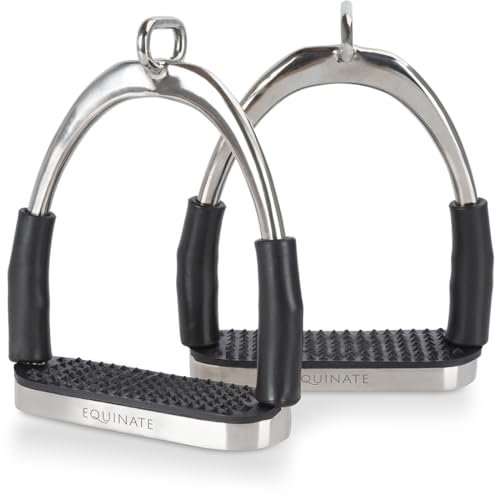 Equinate Sicherheitssteigbügel Charles 12cm Edelstahl - Mit Anti-Rutsch Trittfläche aus Gummi - Steigbügel für Erwachsene und Kinder - Entlastet die Fußgelenke - 2 Stück