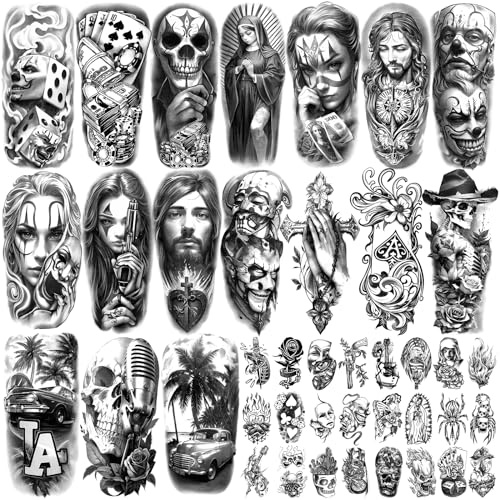 Chicano 77 Blatt Temporäre Tattoo für Männer Frauen Erwachsene, Fake Tattoos Chicano Gangster Fake Tattoos Gefangener Tag der Toten