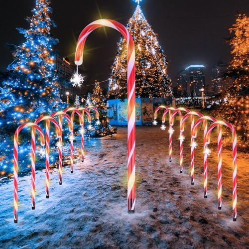 MaxAwe 12 Stück Zuckerstangen Lichterketten mit Schneeflockenlater, 72 LED Wasserdicht Weihnachtsweg Marker, Beleuchtete Zuckerstangen Lichter Weihnachtssbeleuchtung für den Garten, Weihnachtsdeko