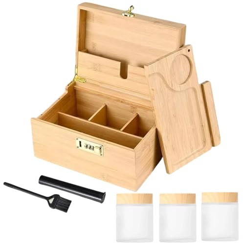 AevQuas Bamboo Storage Box with Combination Lock - Premium Large Bamboo Storage Box with Removable Tray Brush and Glass Storage Jars, Wooden Storage with All Accessories