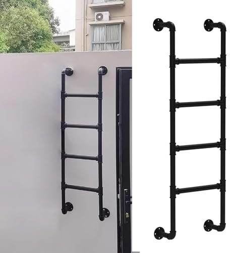 Anti-slip Steps Ladder, 100cm-300cm Wall Mounted Black Metal Iron Fire Escape Ladder, Loads 330lbs Heavy Duty Loft Truck Boat Safety Climb Ladder for Outdoor Roof/Garage - Customizable Size(195cm/77in
