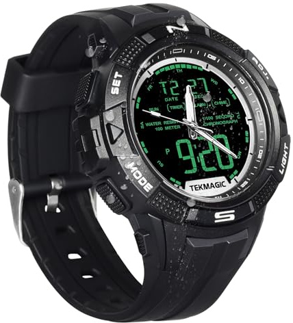 Men's Rugged Sports Watch 100 Meters Waterproof for Swimming and Diving with Alarm Clock, Stopwatch, Timer, Dual Time, Calendar, Backlight, 12 or 24 Hours Format