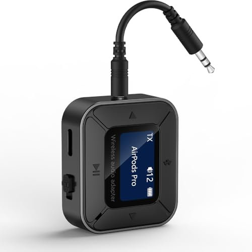 Ainostone Bluetooth 5.3 Sender Empfänger 2-in-1 Audio Adapter Mit 3,5mm Aux Klinke für Flugzeug, TV, Stereoanlage, Auto - Niedrige Latenz, Bildschirm für 2 Kopfhörer, Airpods