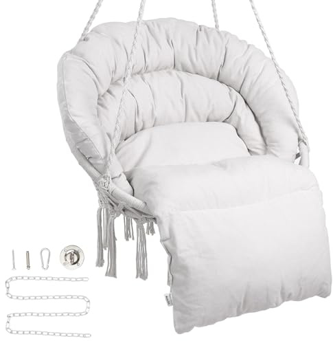 VEVOR Poltrona sospesa, 150 kg, Poltrona sospesa girevole in macramè, Cuscino, Materiali di montaggio, Corda di cotone, Poltrona relax con frange, da giardino, Interno, Esterno, Beige