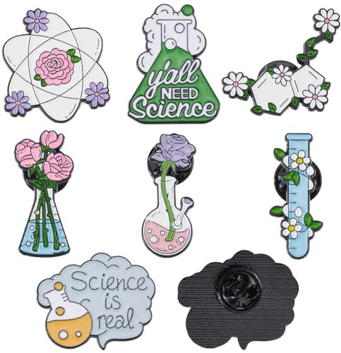 SUNNYCLUE 1 boîte 14 pièces 7 Styles Broches de Chimie en Vrac Broche Scientifique en Alliage de Métal Émail Dessin Animé Scientifique Chimie Fleur Laboratoire Bouteille Épinglette pour Sac Vêtements