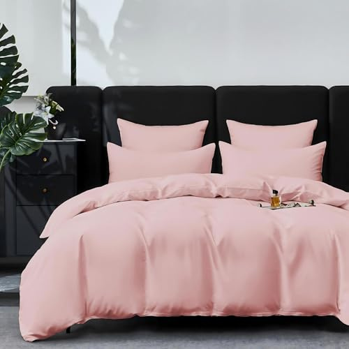 YASMENG Ropa de cama de satén de 155 x 220 cm, color rosa, 100 % algodón de fibras largas, refrescante, satén Mako, ropa de cama suave y transpirable, de seda, juego de 3 piezas con cremallera y 2