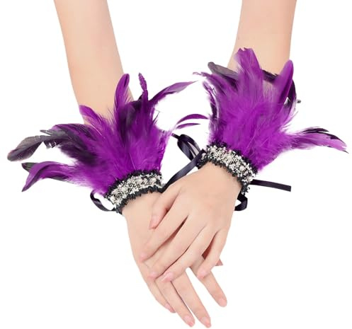 Duohropke Feder Koralle Handschuhe Mode Punk Gothic Stulpe Handschuhe Armschmuck Dekorative Federärmel Maskerade Zubehör für Hochzeit Halloween Maleficent Kostüm