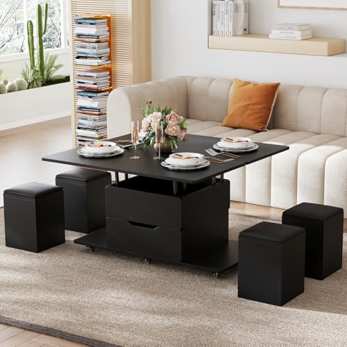 Homary Couchtisch Höhenverstellbar, Wohnzimmertisch mit Schublade, 3-in-1-Multifunktions-Couchtisch Umwandelbar in Wohnzimmer-Esstisch Arbeitstisch mit 4 Hockern und Feststellbaren Rollen (Schwarz)