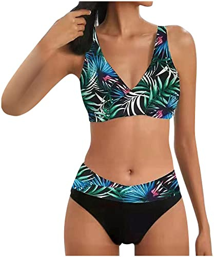 HAOLEI Costumi Bagno Sportivi Due Pezzi a Vita Alta da Donna con Blocchi di Colore, Scollo U Patchwork Righe Bikini Top con Controllo Addominale