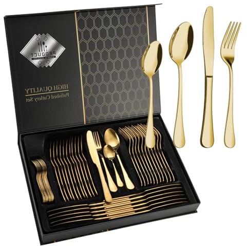 Premium Edelstahl Besteckset 48tlg 12 Personen (12x Messer/Gabeln/Löffel) - Spülmaschinenfest, Hochglanzpolitur - Modernes Design (Golden)