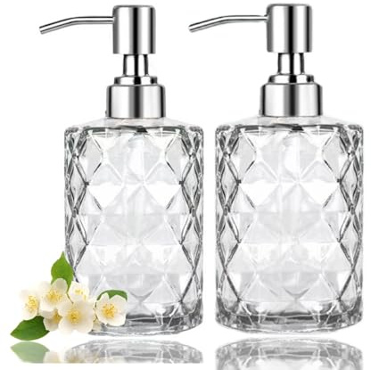 Soap Dispenser - 2 Pack, 330ml Clear Diamond Design Glass Refillable Hand Soap Dispensers; with 304 Rust Proof Stainless Steel Pump, Lotion Dispensers for Kitchen, Bathroom