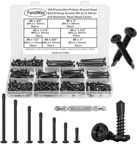 FandWay 185 Pcs Self Tapping Screws for Metal,Self Drilling Screws for Steel,M4.2x13~50mm Pan Head Sheet Metal Tek Screw,410 Stainless Steel Black Coating Phillips Drive With 1 Bits & Strong Box.