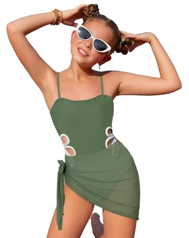 Beichwtd Badeanzug Mädchen, Einteiliger Badeanzug mit Verstellbaren Schultergurten, Einfarbiger Abdeckrock, Badeanzüge Kinder Schwimmanzug Bikini Teenager
