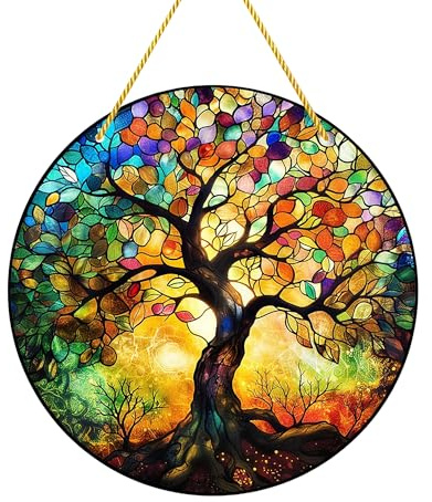 Tree of Life Acrylic Suncatcher Colorful Wall and Garden Decor with Rainbow Light Effect, Stained-Glass Style Window Hanging Decor for Hanging Garden Ornament Yard Indoor and Outdoor Use