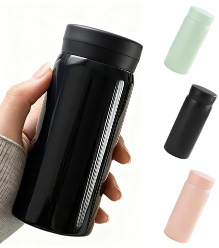 Ruucy Botella de agua pequeña de acero inoxidable de 200 ml, termo aislado de metal, para bebidas frías y calientes, doble pared, a prueba de fugas, para bolso (negro)