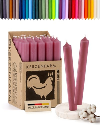 Stabkerzen 10 Stück, 18cm x 2,2cm, Premium Qualität - Deutsche Manufaktur, Kerzenfarm Hahn - lange Brenndauer (8+ Stunden) RAL-Zertifiziert, durchgefärbte Spitzkerzen (Altrosa)