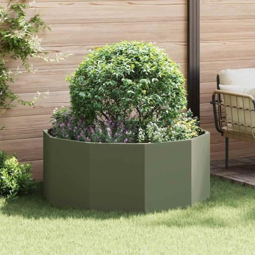 Maceta robusta verde oliva 120 x 120 x 50 cm de acero, maceta redonda de jardín para exteriores, cama elevada para jardín, terraza, balcón