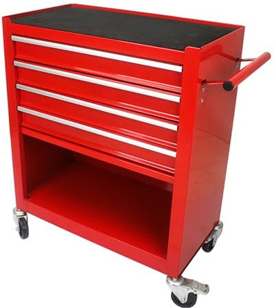 NOXJUQU 4-Drawer Rolling Tool Chest with Lockable Wheels & Interlock System - Heavy-Duty Metal Tool Storage Cabinet for Garage/Warehouse/Workshop - Portable Mechanic Tool Box Trolley, Red