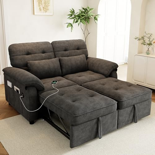 Xwiny 2‑Sitzer Schlafsofa mit USB- und Typ-C-Anschlüsse, 3-in-1 Schlafsofa mit Verstellbarer Rückenlehne und Bettfunktion, Umwandelbare Schlafcouch, Faltbares Sofa, Chenille, Grau, 172x142x42cm