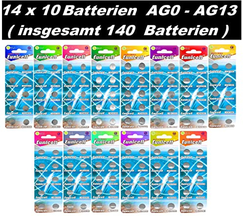 Eunicell Knopfzellen Set AG0–AG13 (140 Stück) | 14 Blister à 10 Batterien | LR & SR Ersatz für Uhren, Spielzeug, Fernbedienungen, Taschenrechner, Autoschlüssel