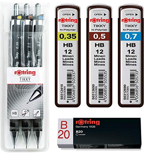 rOtring Tikky 3er Set mit Colourcode 0,35 / 0,5 / 0,7 (mit Ersatzminen HB und Radierer B20)