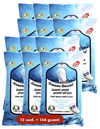 12 conf di GUANTO DOCCIA® = 144 Guanti umidi (manopole saponate) per l'igiene del corpo PRONTI ALL'USO. Senza risciacquo. Made in Italy.