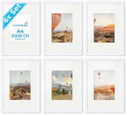 PHOTOLINI Cadre A4 21 x 30 bois MDF blanc, lot de 6 cadres photo avec passe-partout pour posters et affiches, verre acrylique incassable, décoration murale à suspendre, accessoires supplémentaires