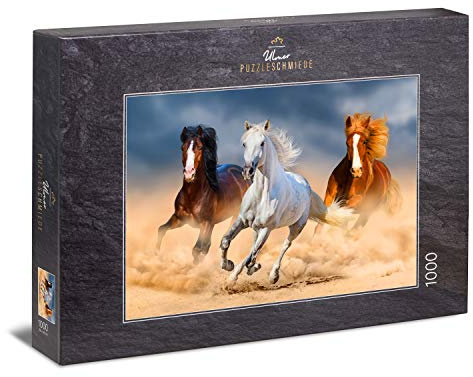 Ulmer Puzzleschmiede - Puzzle „Königinnen der Wüste“ - Klassisches 1000 Teile Puzzle – Puzzlemotiv kraftvoller Pferde beim Wüstenrennen - das Puzzle für Liebhaber der Araber-Pferde