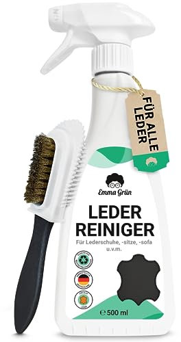 Emma Grün® Lederreiniger & Alcantara Reiniger 500ml [+WILDLEDERBÜRSTE] - Lederpflege Auto für Autositze - Kunstleder & Wildleder Reiniger - Leder Reinigung Auto & Schuhe - Made in Germany