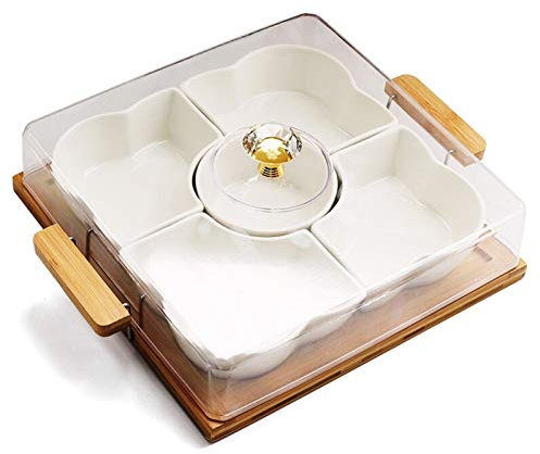 XXXXW Frutero de Cocina Bandeja de cerámica de Almacenamiento, Bandeja de bambú Creativa Caja de Caramelo Independiente Caja de Almacenamiento de Frutas secas con Tapa Plátano Manzana Fruta Plato