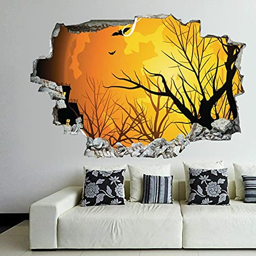 Witch Broom Halloween Wall Decal 3D Break Through Wall Sticker Removable PVC Funny Wall Art Decal Halloween Home Decor Vinyl Mural for Boy Kid's Room Living Room Bedroom Fireplace