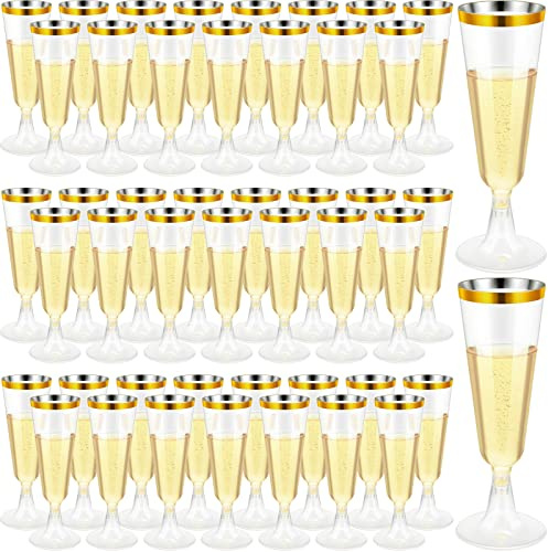 CHENGU 200 Pack Plastic Champagne Flutes, 5 oz Disposable Shatterproof Champagne Glasses Toasting Wine Glasses Cocktail Cups for Wedding, Parties, New Year's Eve for Celebration(Gold)