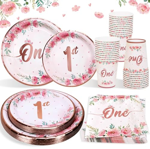 Heboland 1 Geburtstag Mädchen Pappteller Set, rosa Goldfolie 1. Geburtstag Mädchen wiederverwendbare Partygeschirr für 25 Gäste, 100pcs Geburtstagsdeko 1 jahr