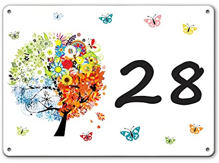 banjado® Hausnummernschild personalisierbar Motiv Vier Jahreszeiten - Hausschild personalisiert Draußen mit Straßennamen möglich - Hausnummernschild Edelstahl versch. Motive - inkl. Montagematerial