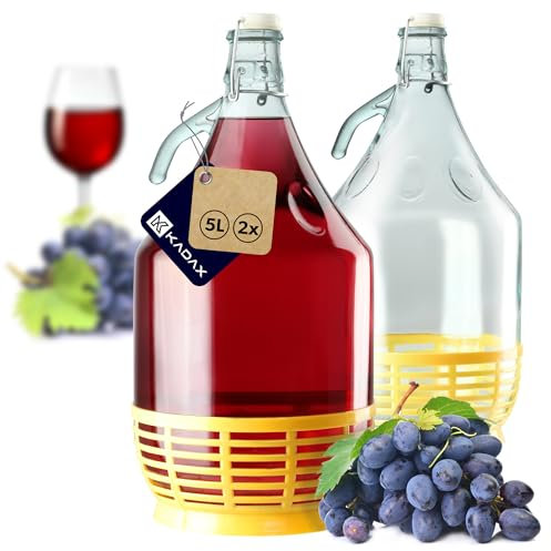 KADAX Weinballon 5L, Glasballon für Wein 2 stück, Weinfass aus glas, Gärballon, Fass für Wein aus Glas, Bügelflasche mit Korb, Gärbehälter für Wein, Glasgärballon